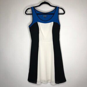 Express Color Block Cobalt Blue Black & White Aline Flowy Flirty Summer Dress